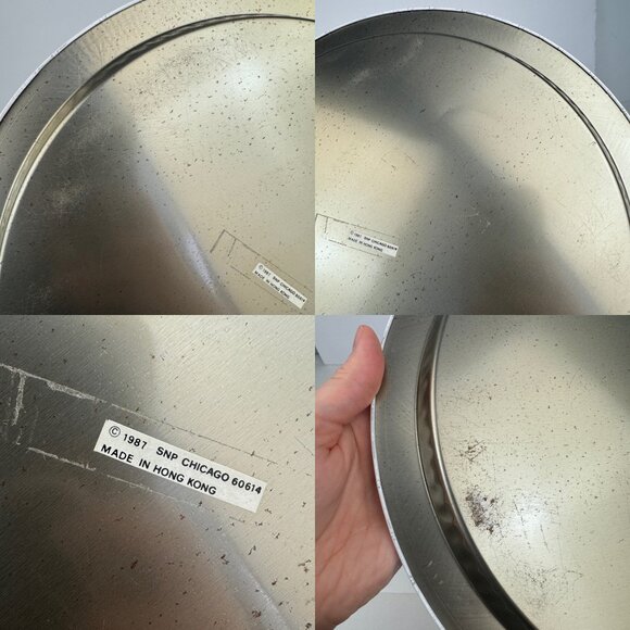 Vtg Round Metal Tin Tray Joy Printed Cross Stitch Design Teddy Bear SNP Chicago - Picture 11 of 13